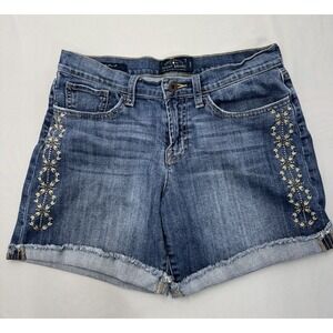 Lucky Brand Womens Roll Up Stretch Jean Shorts Size 6 / 28 Blue Denim Embroidery